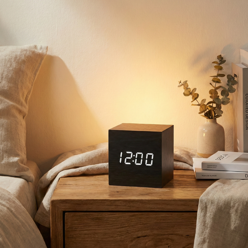 LED Cube Alarm Clock with Wooden Design