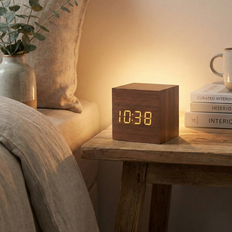 LED Cube Alarm Clock with Wooden Design