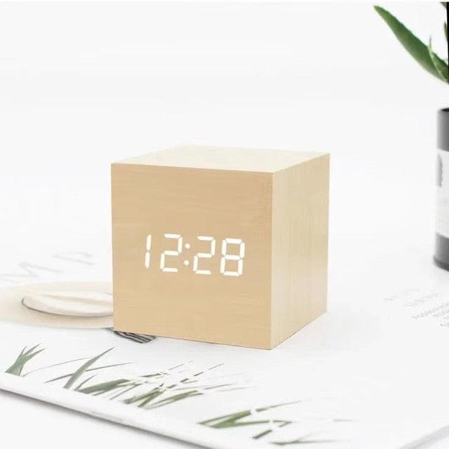 LED Cube Alarm Clock with Wooden Design