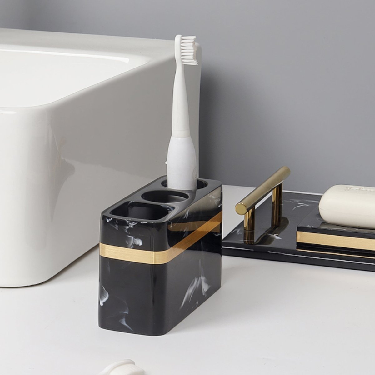 Marble Bathroom Organizer with Gold Accent Design