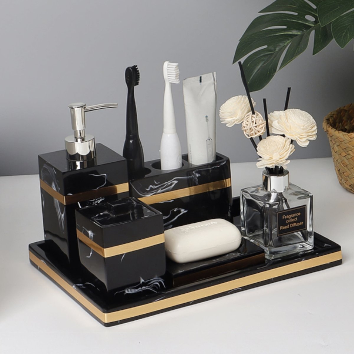 Marble Bathroom Organizer with Gold Accent Design