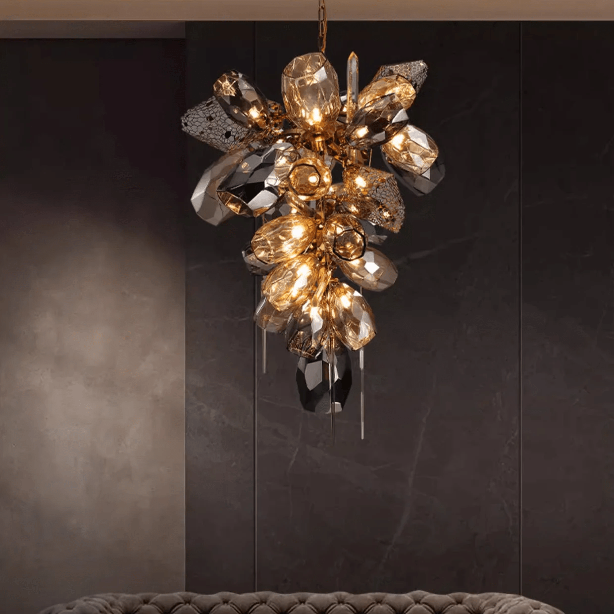 Modern Glass & Crystal Cluster Chandelier with Sculptural Design