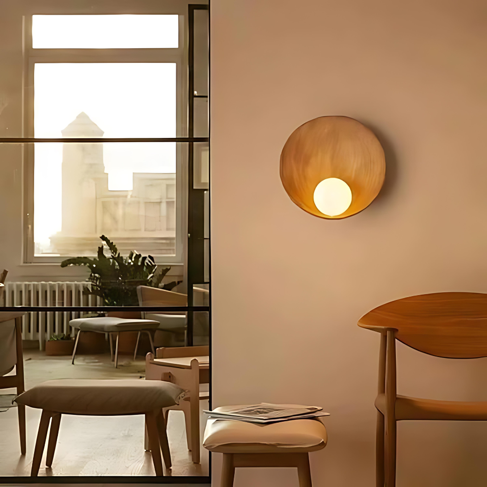 Japandi Wooden Bowl Wall Sconce with Wabi-Sabi Ambient Glow
