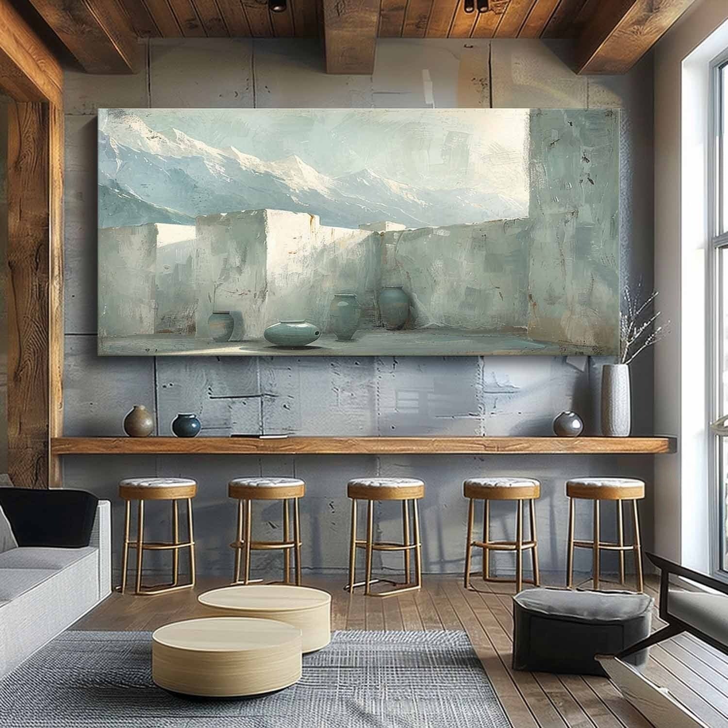 Mountain Courtyard Wall Art with Soft Neutral Tones