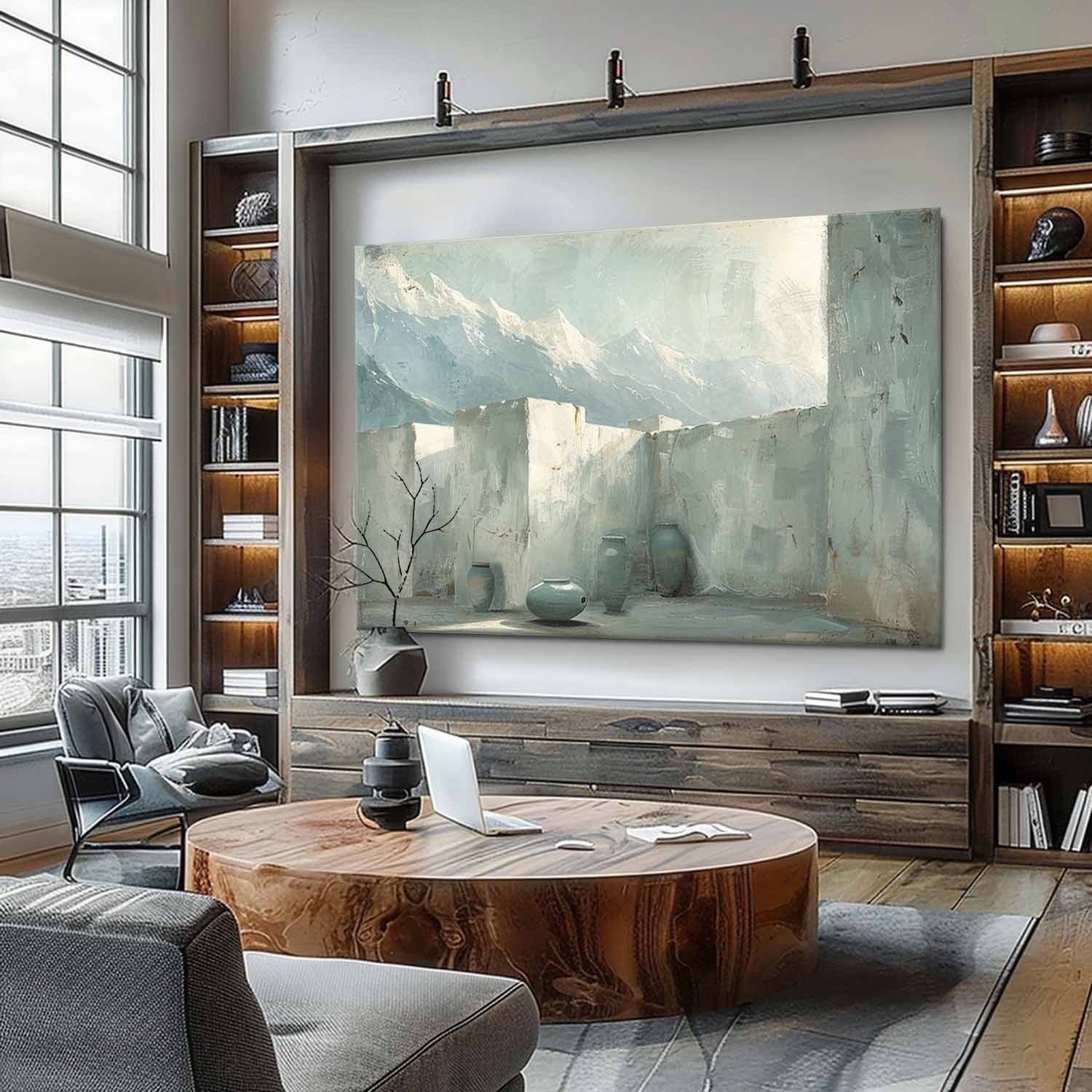 Mountain Courtyard Wall Art with Soft Neutral Tones