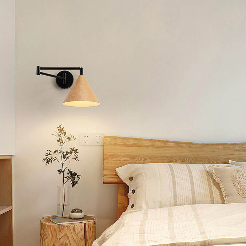 Nordic Swing Arm Wall Sconce with Scandinavian Wood Cone Shade