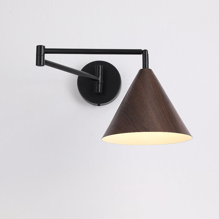 Nordic Swing Arm Wall Sconce with Scandinavian Wood Cone Shade