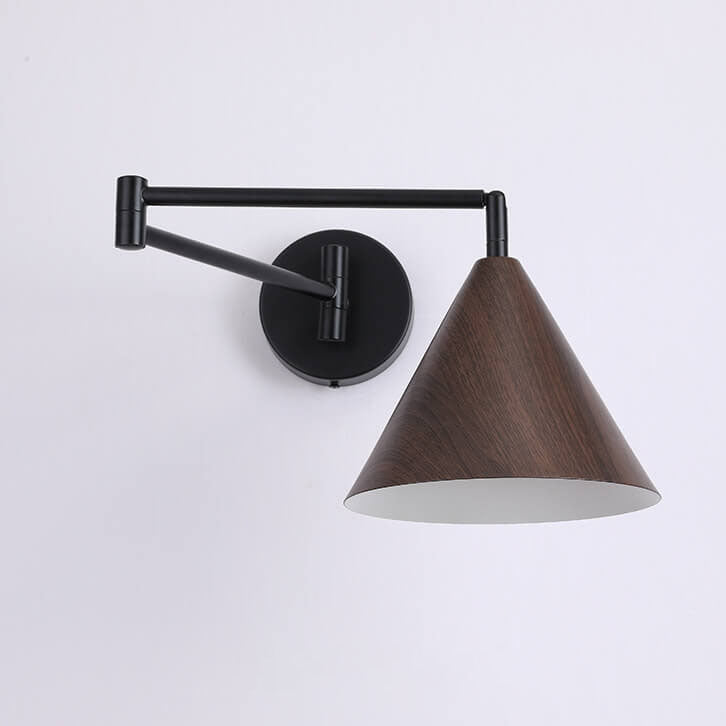 Nordic Swing Arm Wall Sconce with Scandinavian Wood Cone Shade
