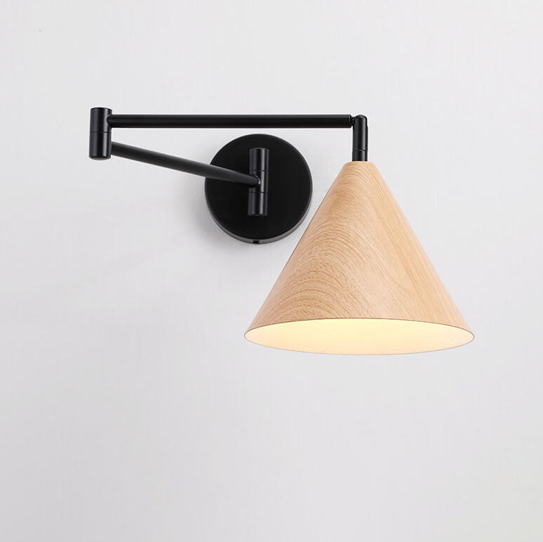 Nordic Swing Arm Wall Sconce with Scandinavian Wood Cone Shade