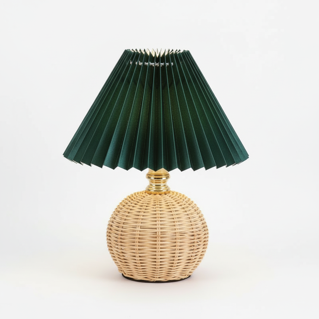Rattan Table Lamp with Pleated Fabric Shade