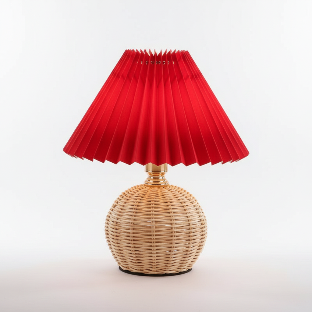 Rattan Table Lamp with Pleated Fabric Shade