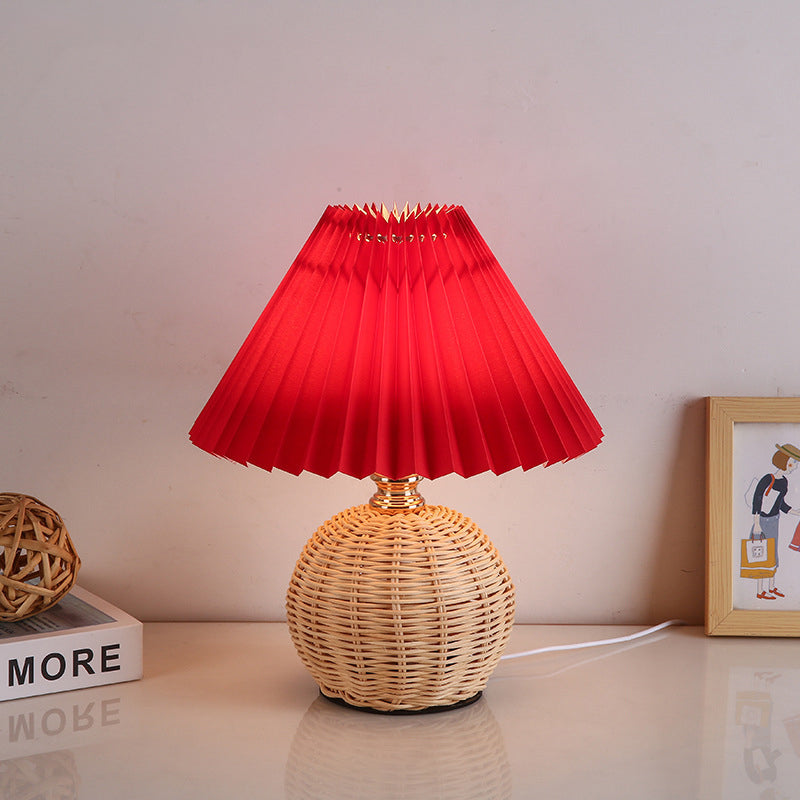 Rattan Table Lamp with Pleated Fabric Shade