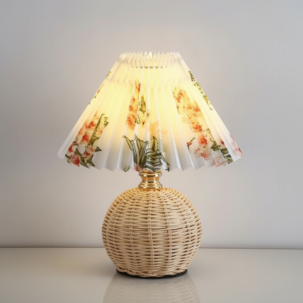 Rattan Table Lamp with Pleated Fabric Shade