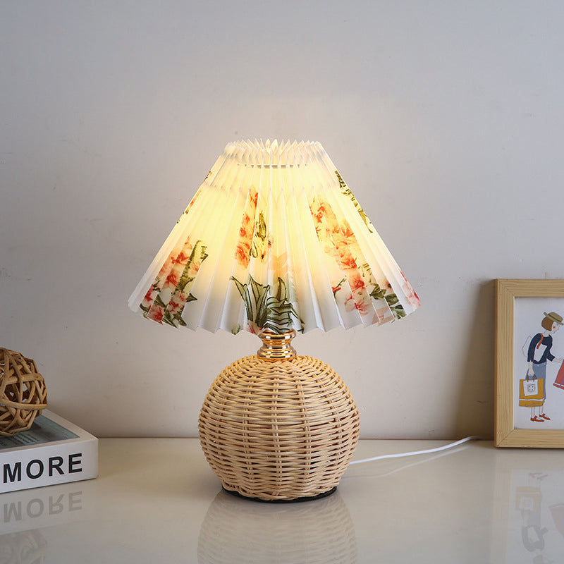 Rattan Table Lamp with Pleated Fabric Shade