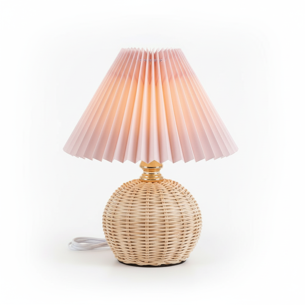 Rattan Table Lamp with Pleated Fabric Shade
