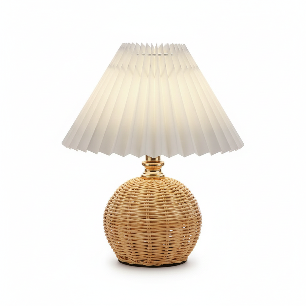 Rattan Table Lamp with Pleated Fabric Shade