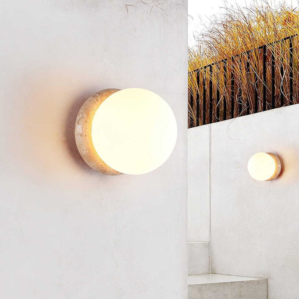 Round Travertine Garden Wall Light with LED Glow