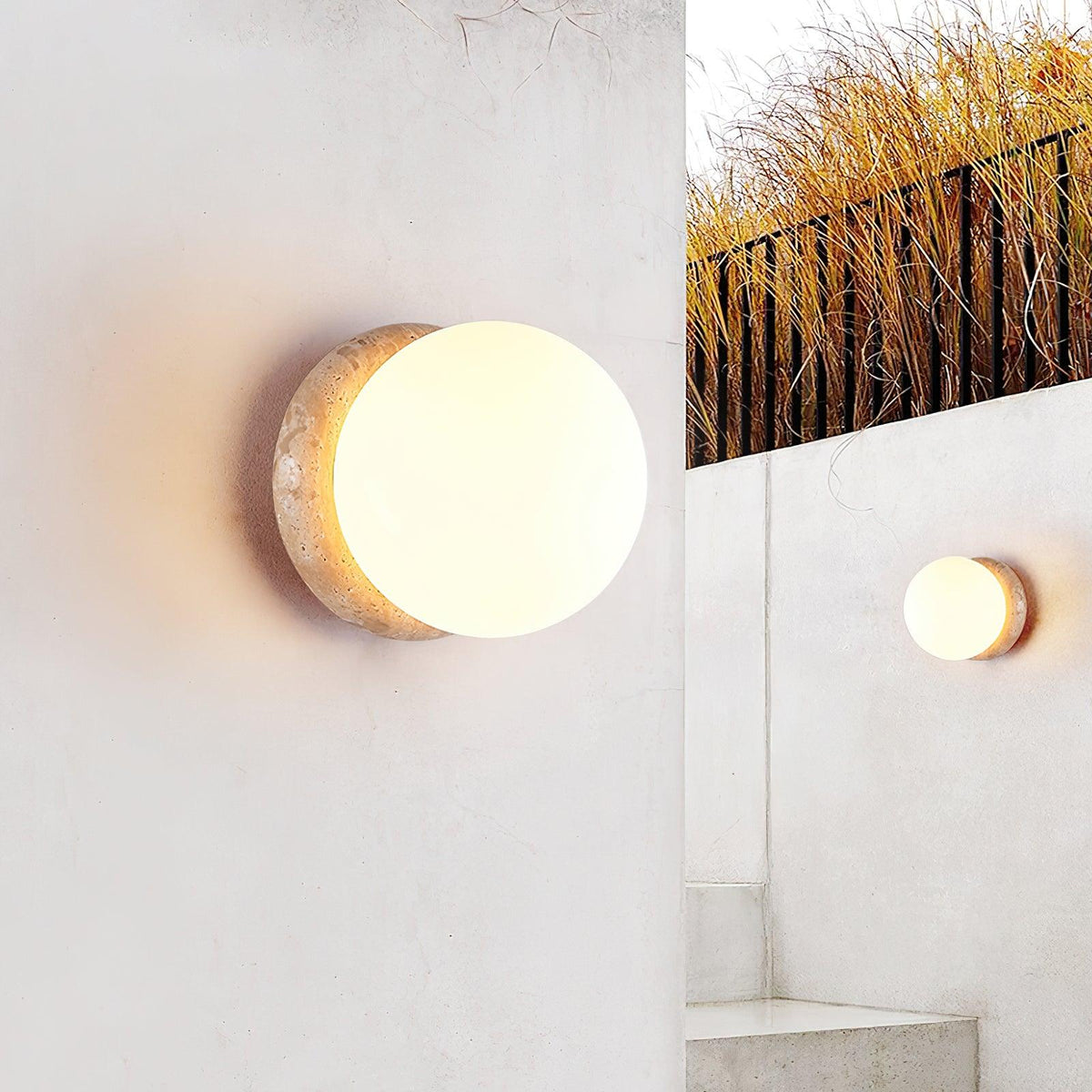 Round Travertine Garden Wall Light with LED Glow