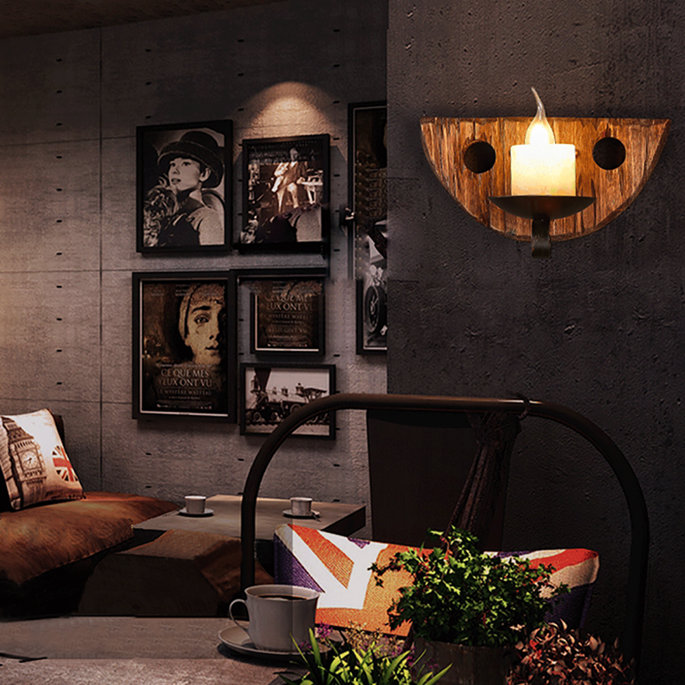 Rustic Wood Wall Candle Light with Metal Holder