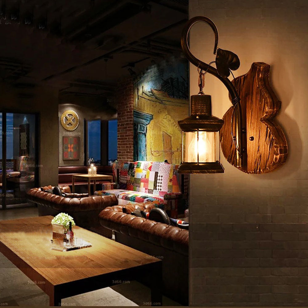 Rustic Wood Wall Light with Hanging Lantern