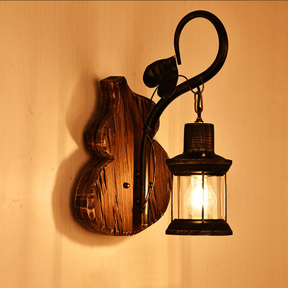 Rustic Wood Wall Light with Hanging Lantern