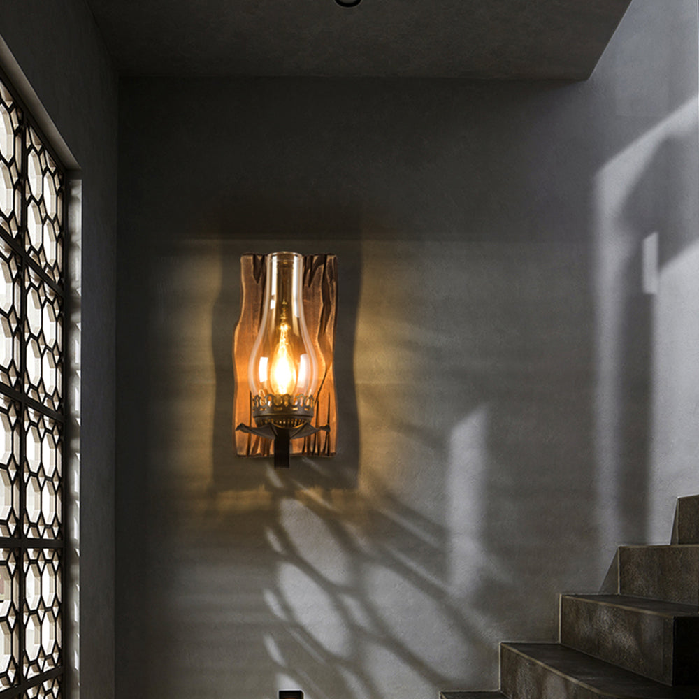 Rustic Wood Wall Light with Vintage Glass Shade