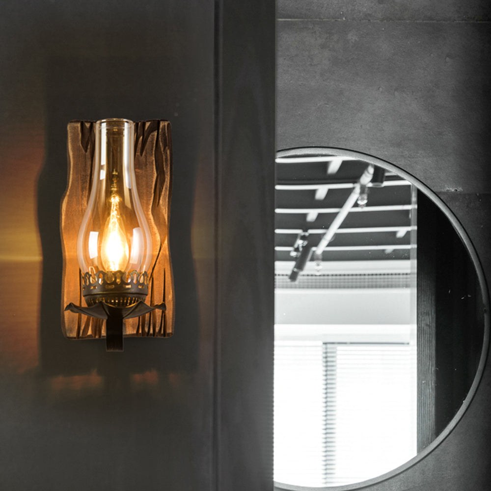 Rustic Wood Wall Light with Vintage Glass Shade