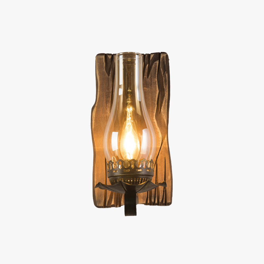 Rustic Wood Wall Light with Vintage Glass Shade