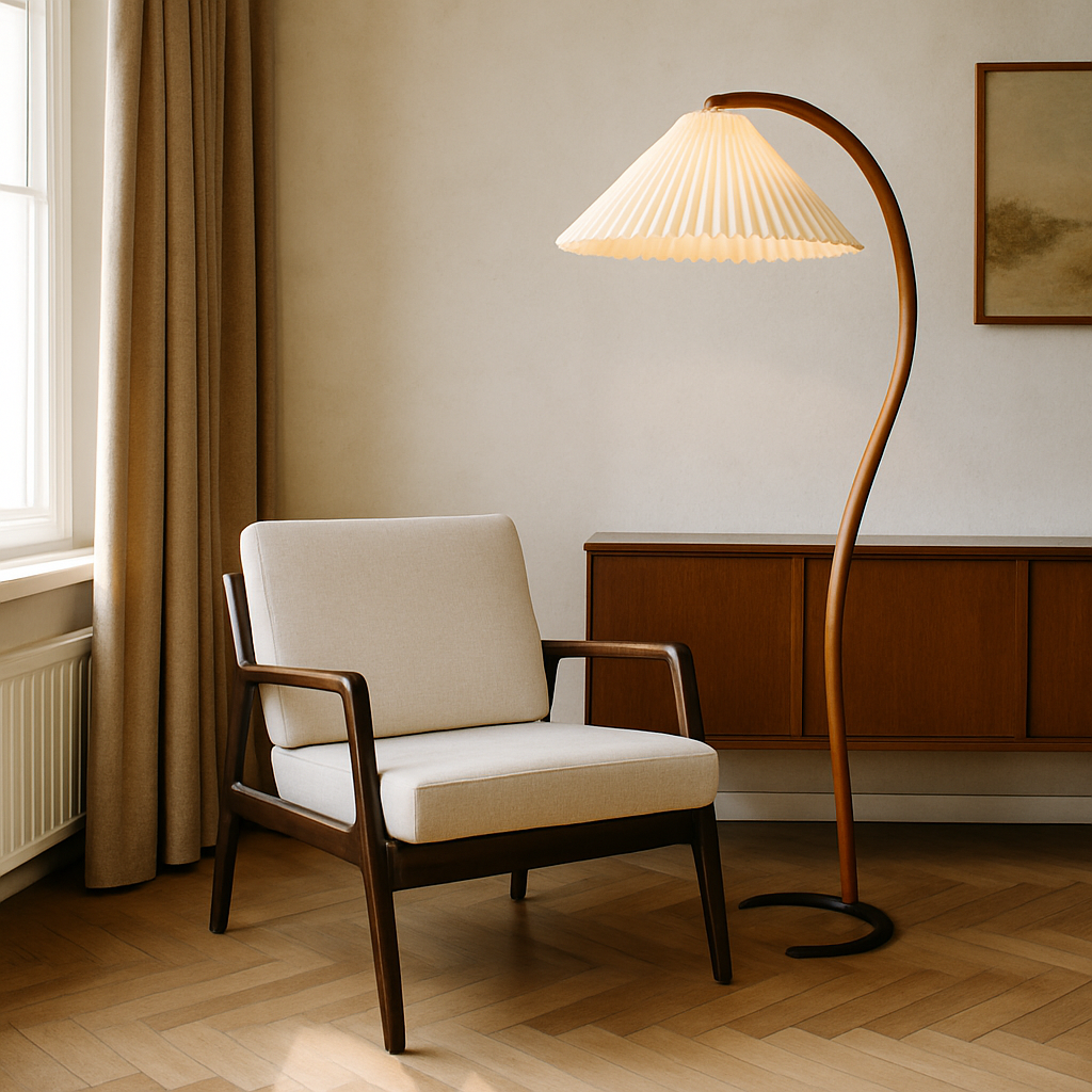 Scandinavian Curved Floor Lamp with Linen Shade
