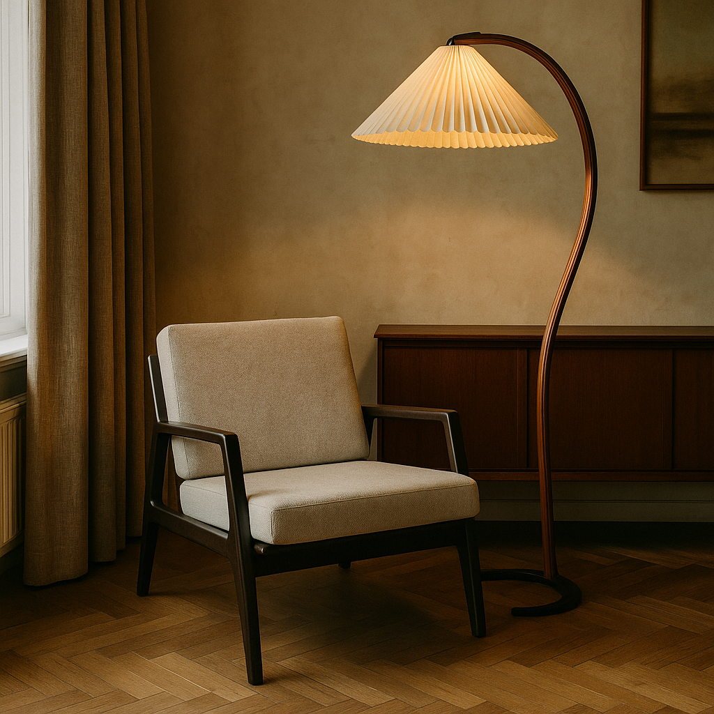 Scandinavian Curved Floor Lamp with Linen Shade