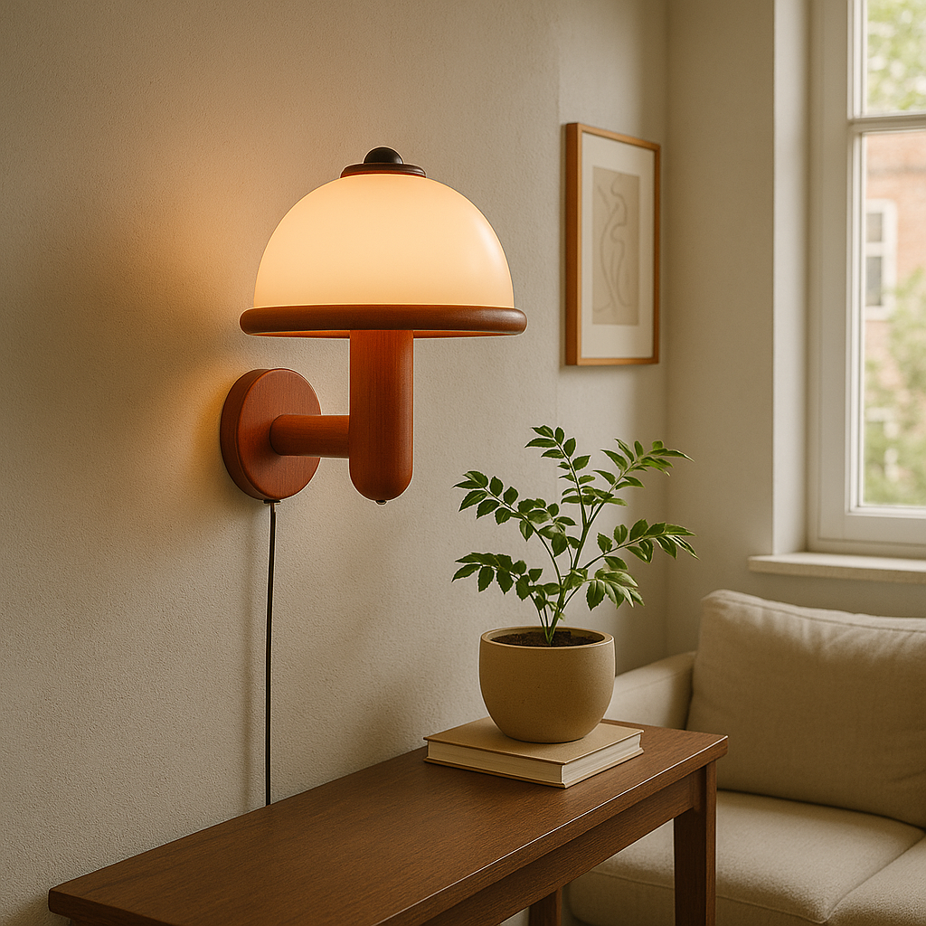 Scandinavian Oak Mushroom Wall Lamp with Soft Ambient Glow