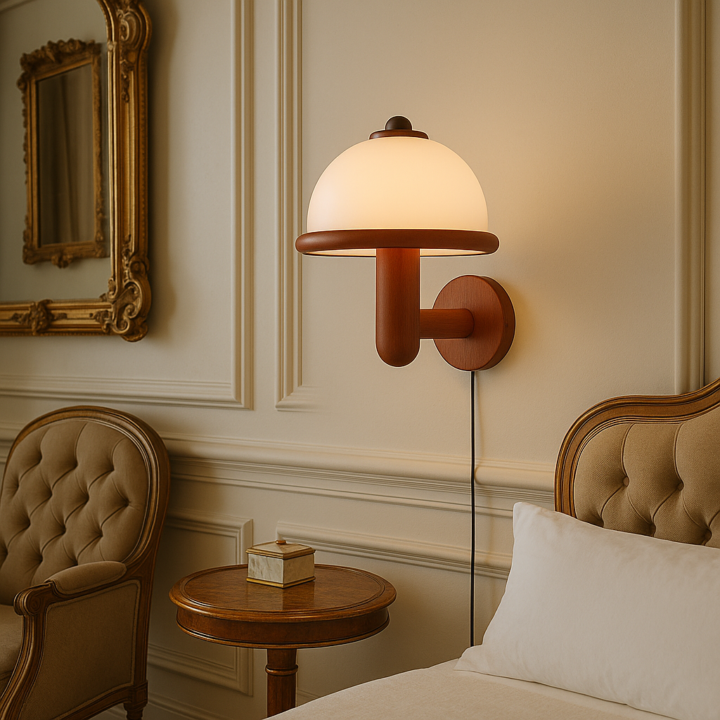 Scandinavian Oak Mushroom Wall Lamp with Soft Ambient Glow