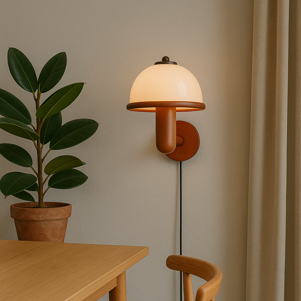Scandinavian Oak Mushroom Wall Lamp with Soft Ambient Glow
