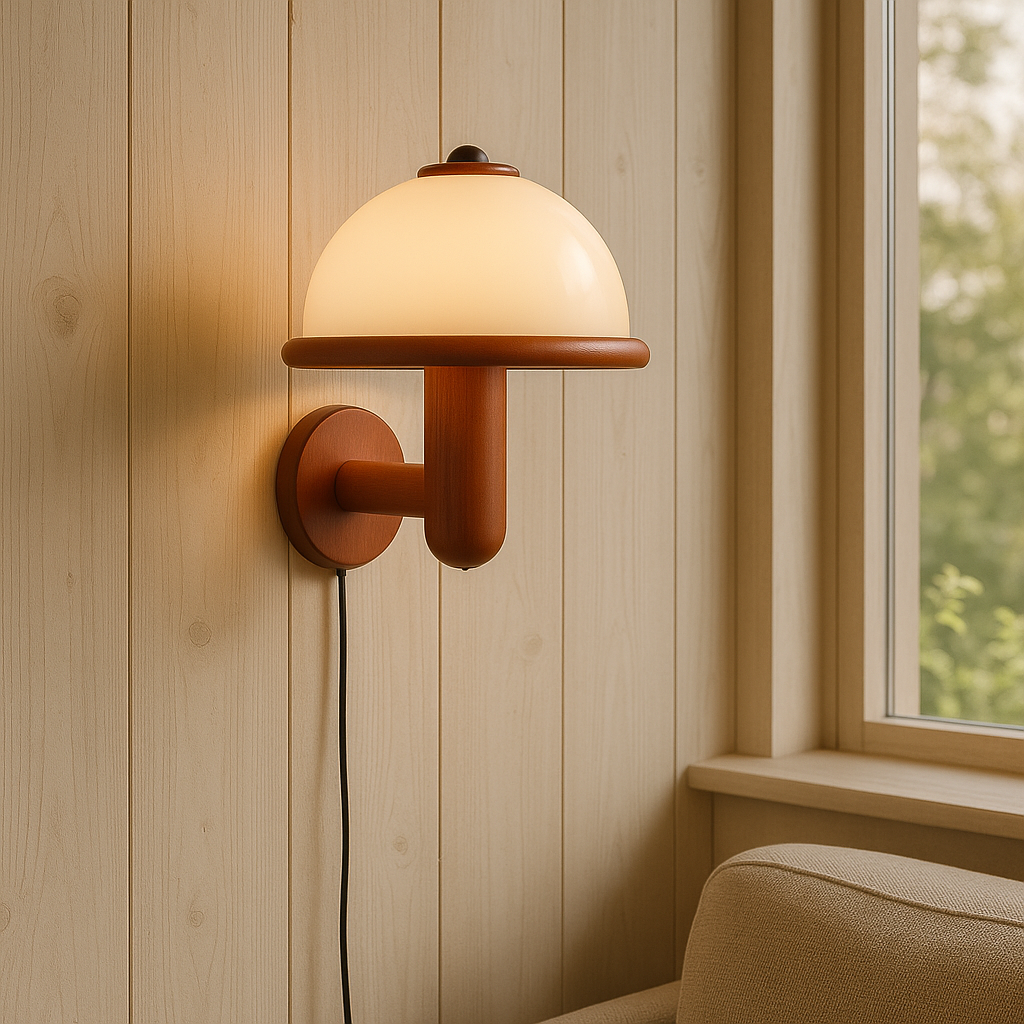 Scandinavian Oak Mushroom Wall Lamp with Soft Ambient Glow
