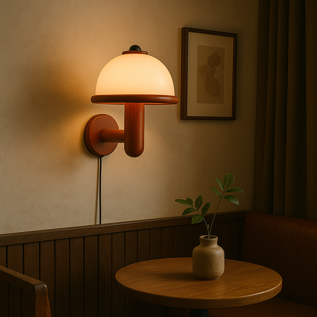 Scandinavian Oak Mushroom Wall Lamp with Soft Ambient Glow