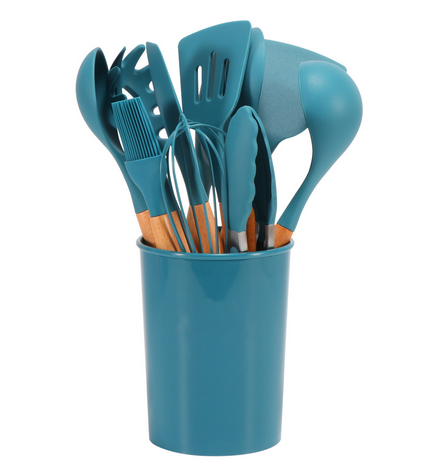 Silicone Kitchen Utensils Set with Bamboo Handles