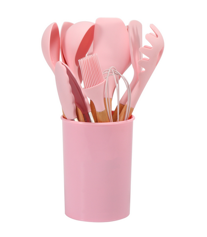 Silicone Kitchen Utensils Set with Bamboo Handles