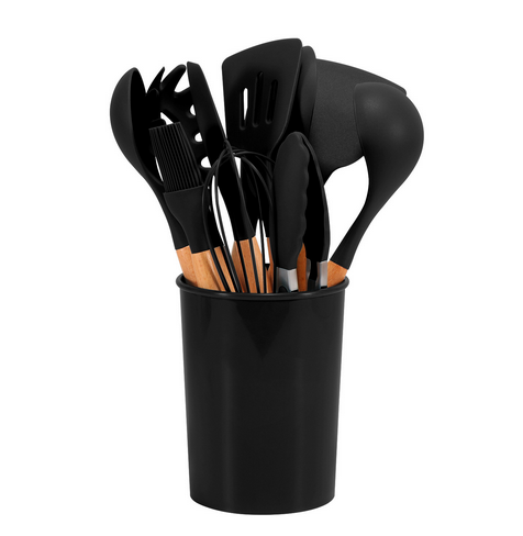 Silicone Kitchen Utensils Set with Bamboo Handles
