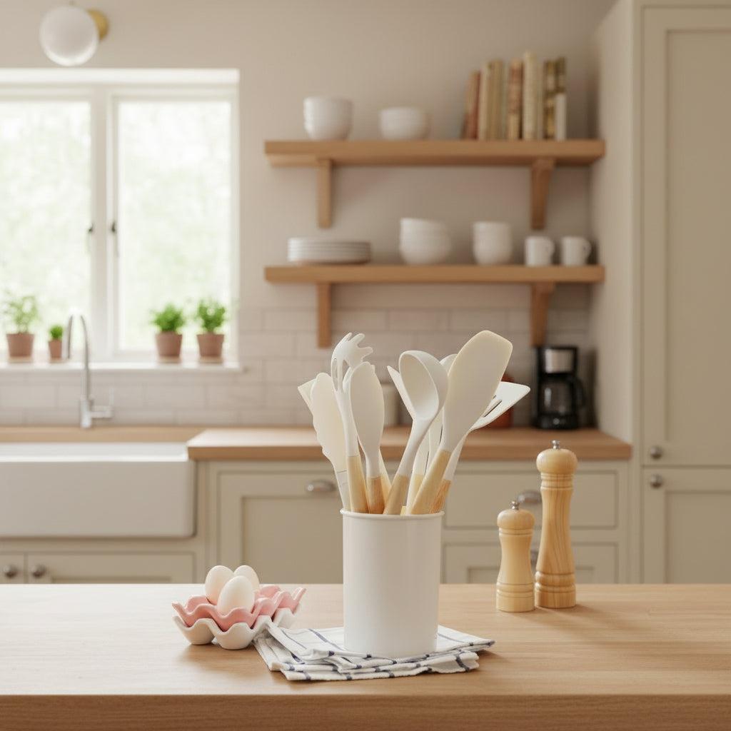 Silicone Kitchen Utensils Set with Bamboo Handles