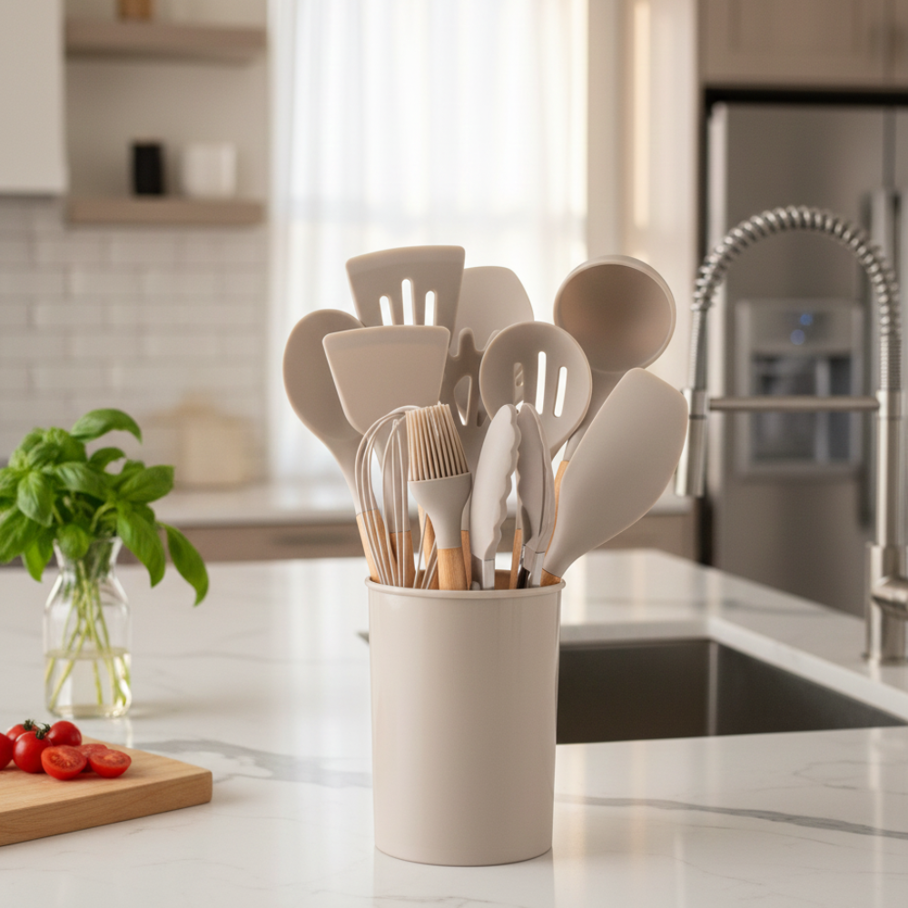 Silicone Kitchen Utensils Set with Bamboo Handles