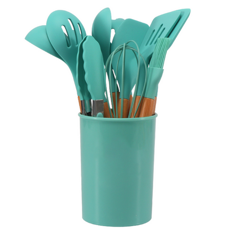 Silicone Kitchen Utensils Set with Bamboo Handles