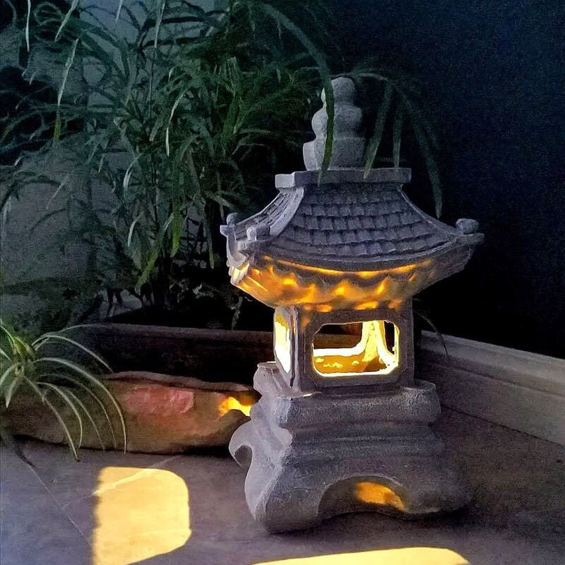 Solar Pagoda Garden Light with Stone Finish