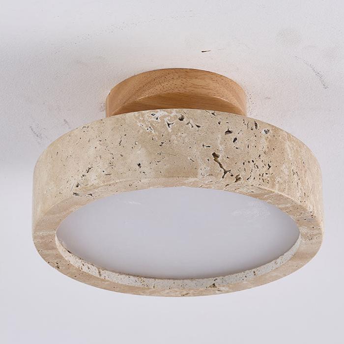Travertine Ceiling Light with Wood Base Trim