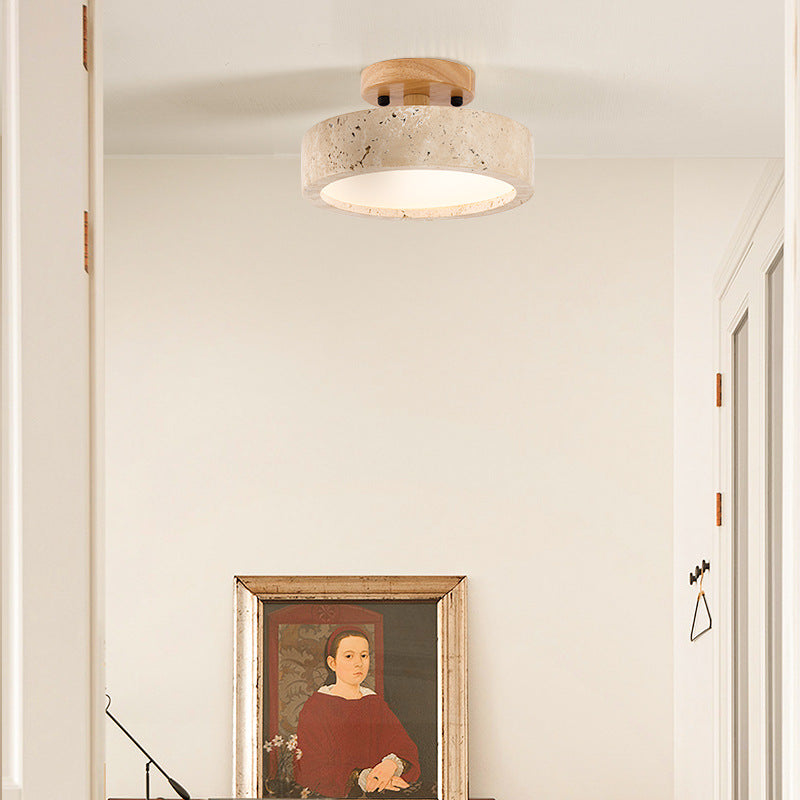 Travertine Ceiling Light with Wood Base Trim