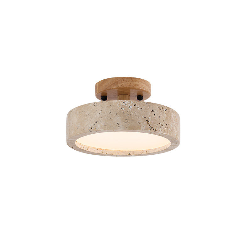 Travertine Ceiling Light with Wood Base Trim