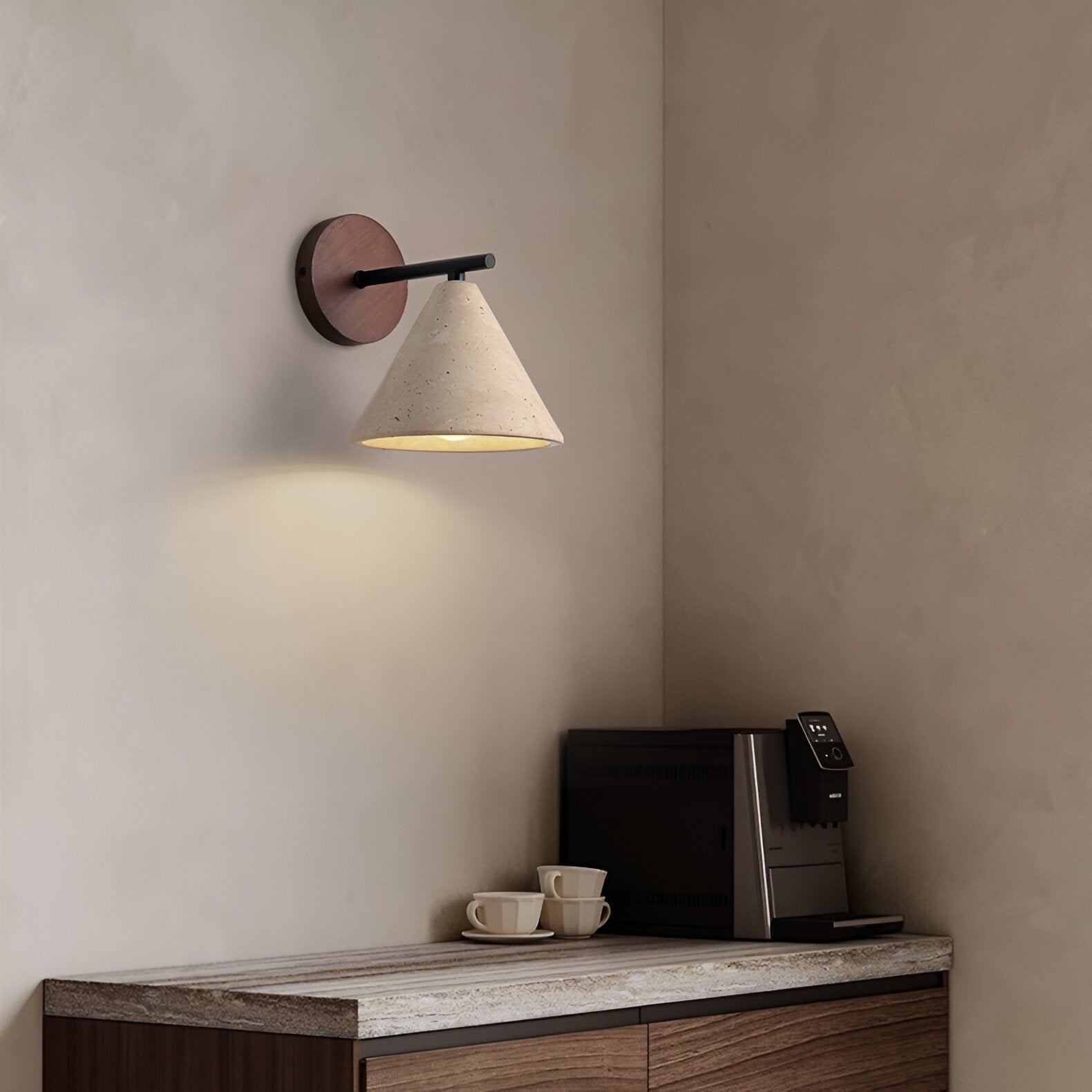 Travertine Cone Wall Sconce with Wood Mount