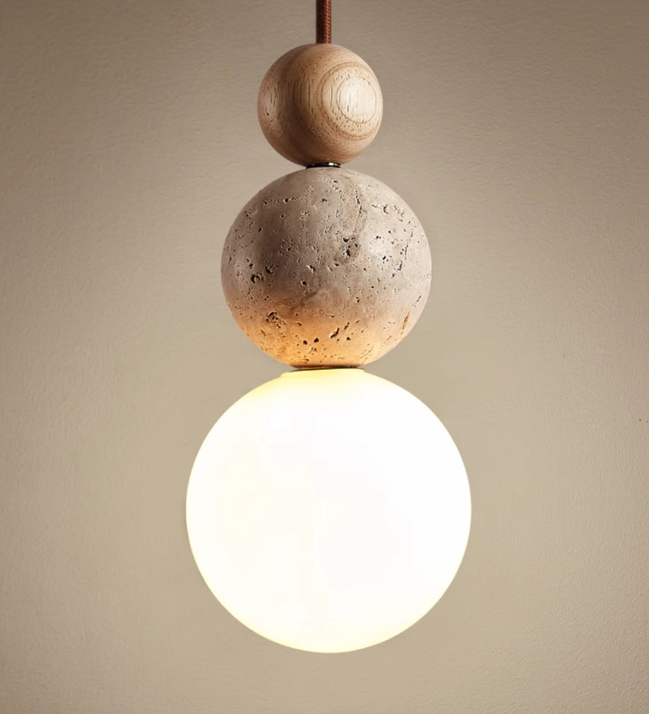 Travertine Globe Pendant Light with Wood Accent