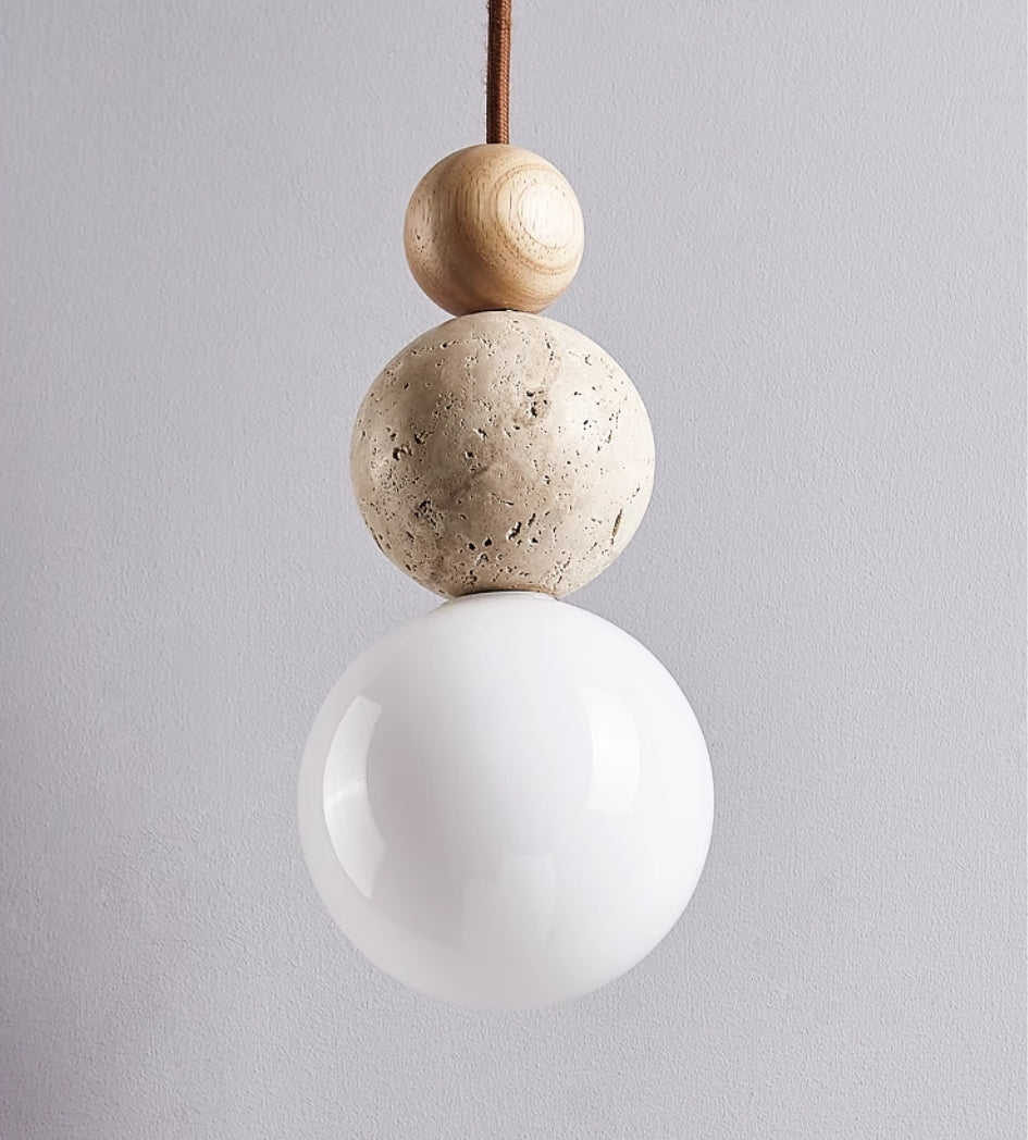 Travertine Globe Pendant Light with Wood Accent