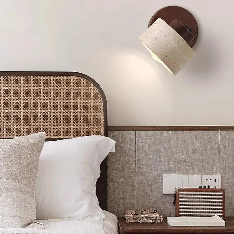Travertine Wood Wall Light with Cylinder Shade