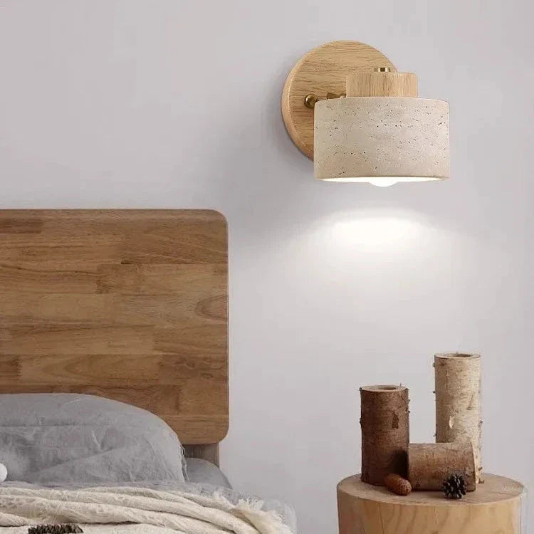 Travertine Wood Wall Light with Cylinder Shade